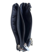 Top-down view of an open black cowhide leather 3099 Small Horizontal Crossbody Bag with two zippered compartments.