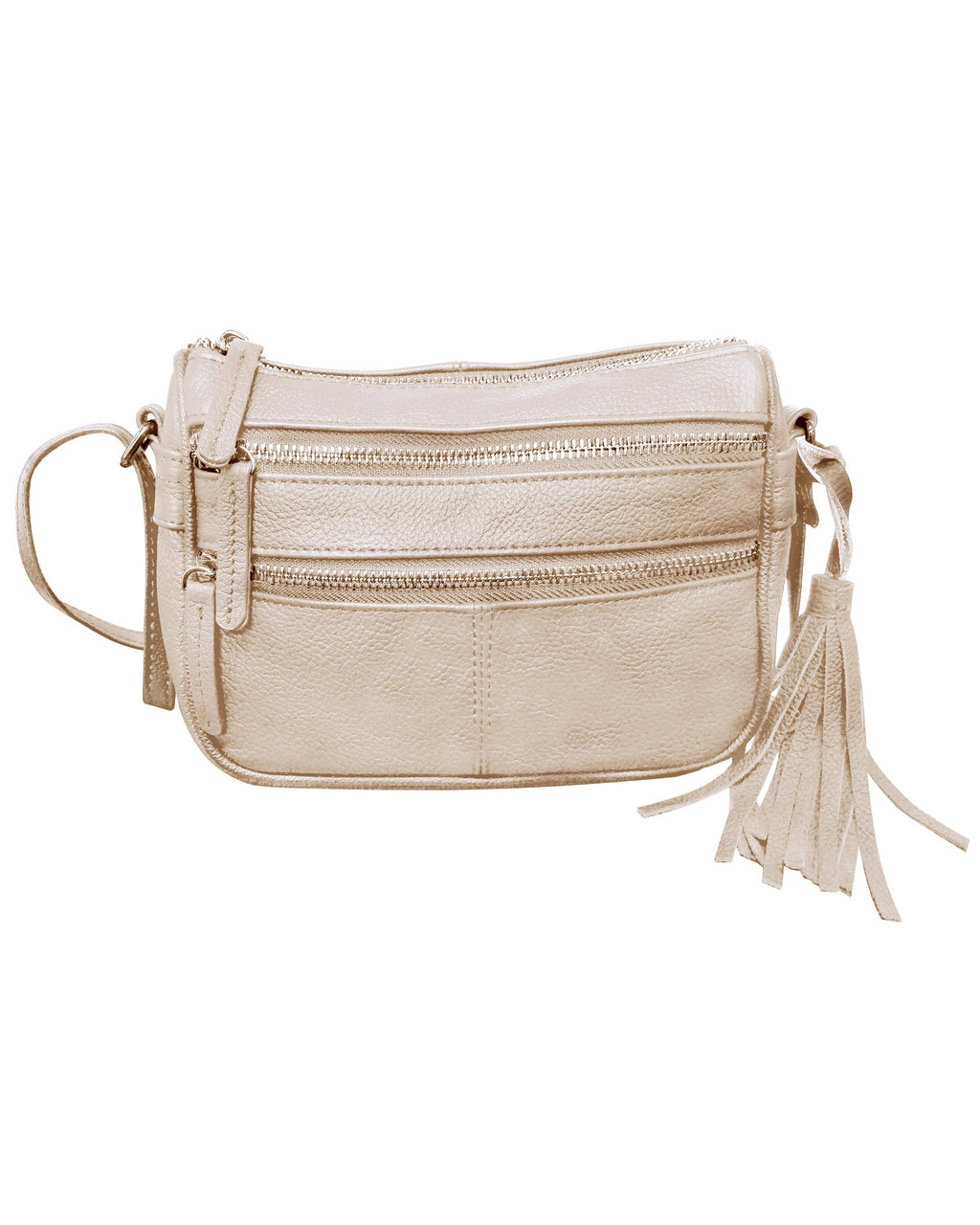 The Roma Leathers, Inc. RM509 cowhide leather crossbody shoulder bag features two front zipper pockets, a side tassel, and an adjustable shoulder strap.