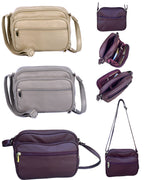 The Roma Leathers, Inc. Cowhide Leather Crossbody Shoulder Bag is shown in beige, gray, and purple from different angles with open compartments highlighting the organizer inside.