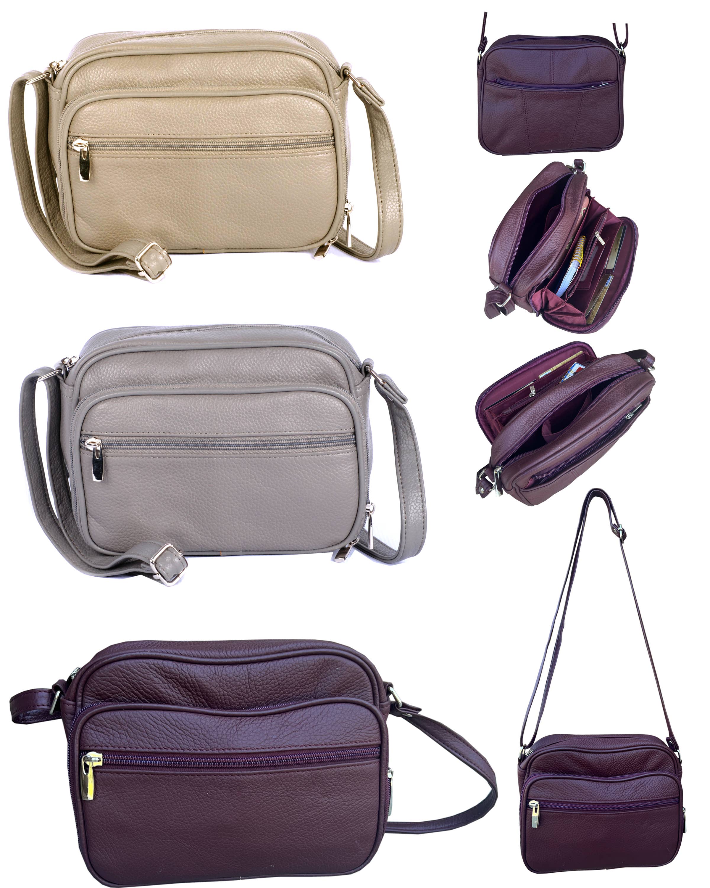 The Roma Leathers, Inc. Cowhide Leather Crossbody Shoulder Bag is shown in beige, gray, and purple from different angles with open compartments highlighting the organizer inside.