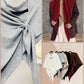 Collage features a close-up of the JC Sunny Fashion Cashmere-Blend Knit Triangle Shawl with Cross-Front Design in grey, a woman styled in red, and five shawls in various colors hanging on a rack.