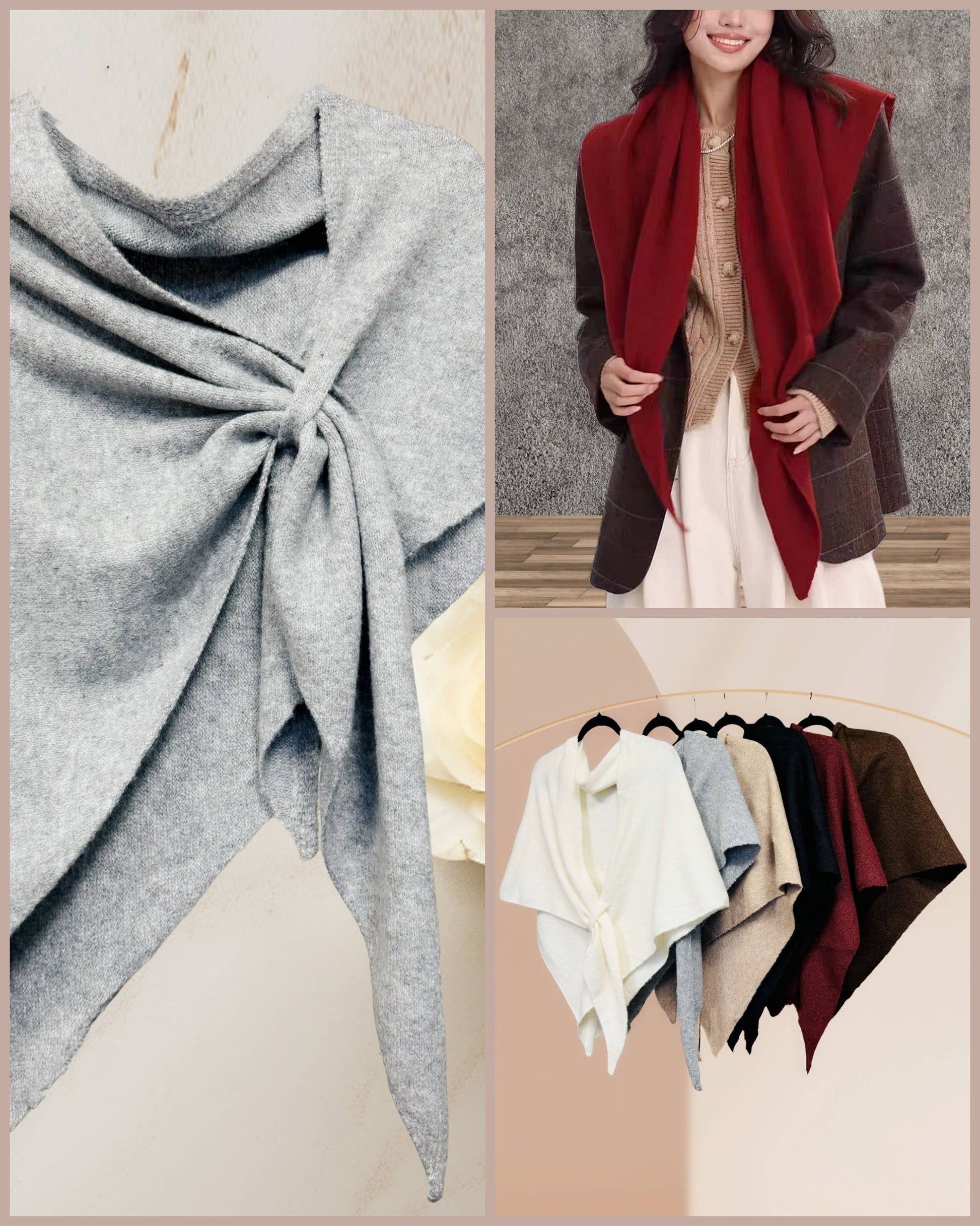 Collage features a close-up of the JC Sunny Fashion Cashmere-Blend Knit Triangle Shawl with Cross-Front Design in grey, a woman styled in red, and five shawls in various colors hanging on a rack.
