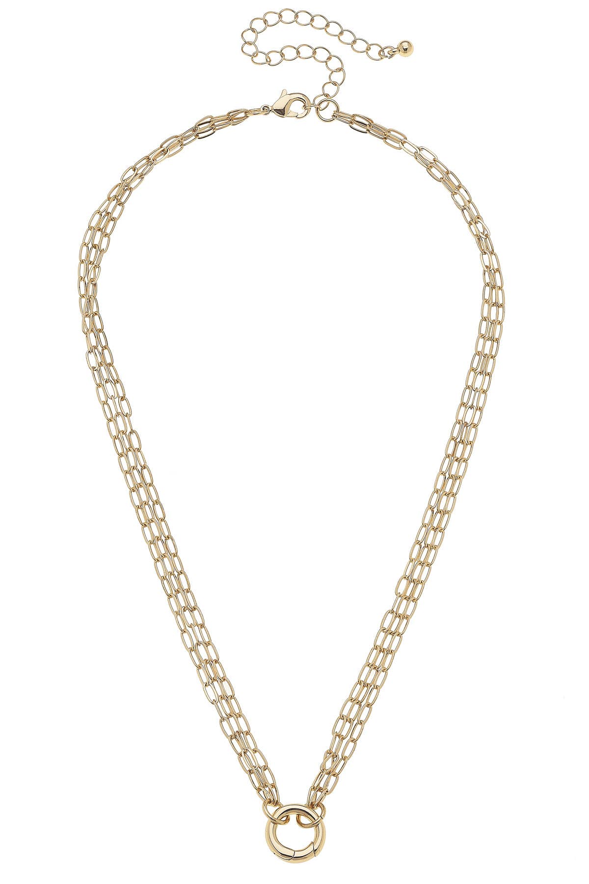 Crafted by Canvas Style, the Celia 3-Row Dainty Charm Necklace Base in Shiny Gold features a luxurious 18K gold-plated finish with three delicate layered strands and an adjustable clasp, elegantly highlighted by a central circular charm pendant.