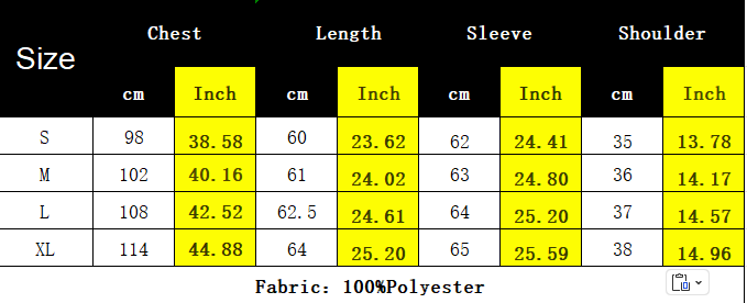 Size chart for the Navy and Orange Print Pull Over Blouse, listing measurements in centimeters and inches for chest, length, sleeve, and shoulder across sizes small through extra-large.
