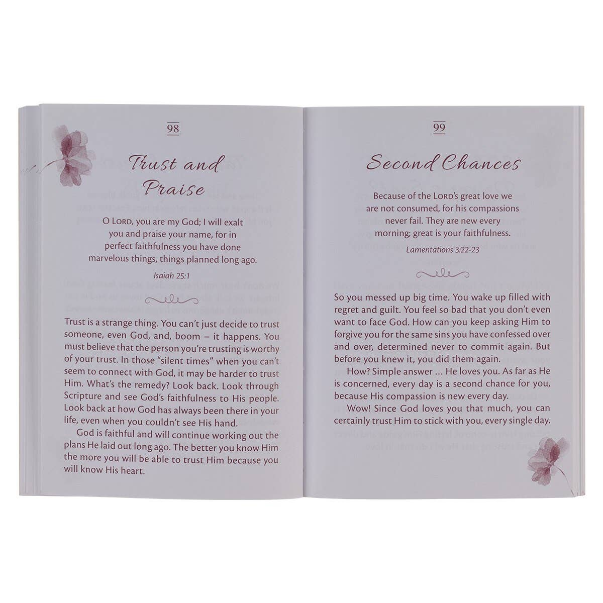An open book—Mini Devotions for Women Softcover by Christian Art Gifts—displays two short daily devotions, "Trust and Praise" and "Second Chances," each featuring a Bible verse and a reflective passage on trust and forgiveness. These mini devotions offer gentle encouragement, making this devotional the perfect choice for moms seeking peaceful, inspirational moments in their busy days.