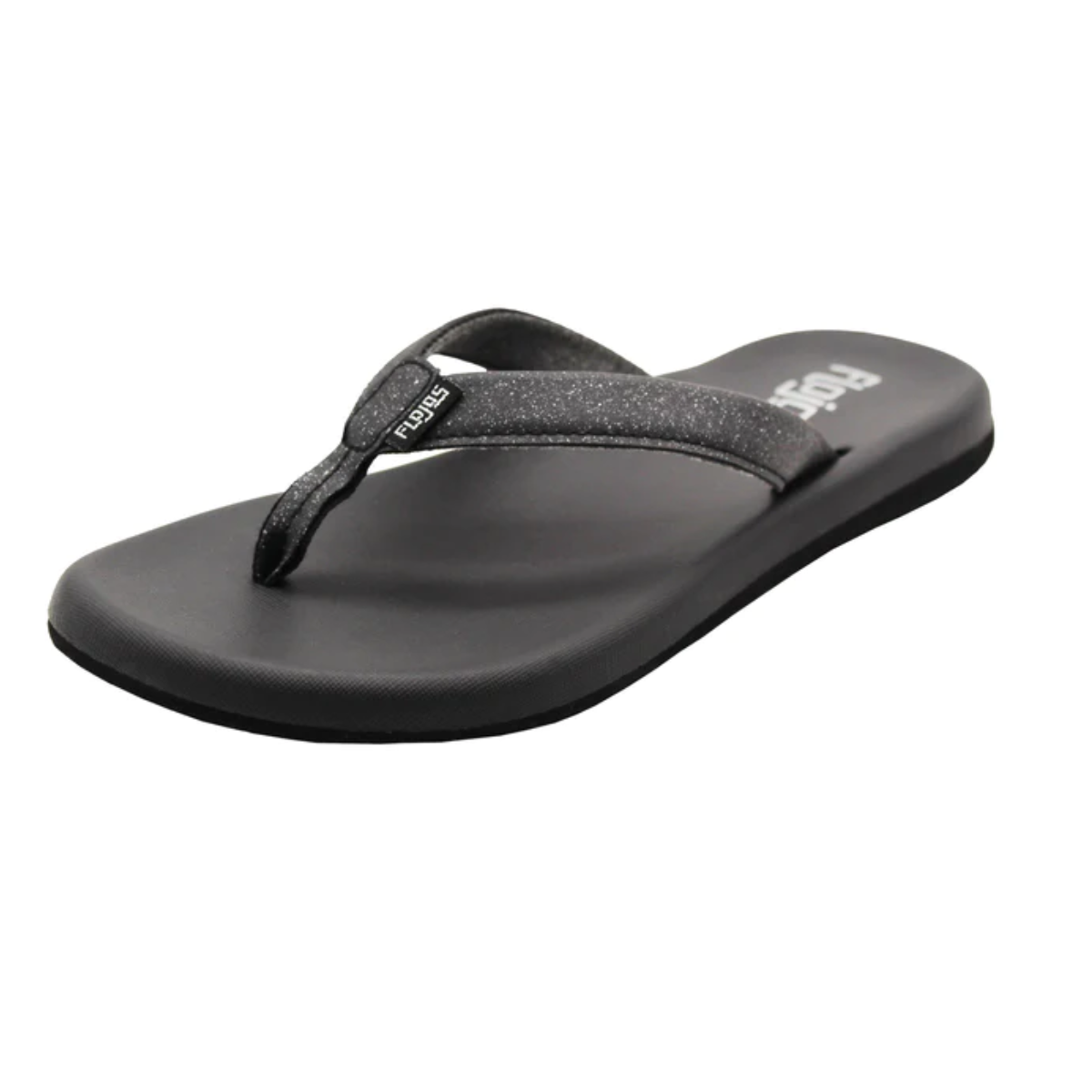 A pair of Campbell Sparkled Strap flip flops in Silver (black shimmer) by FLOJOS for comfort on a white background.