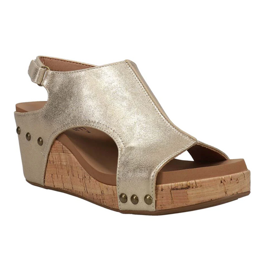 Carley Antique Gold Sandals by Corky's Footwear with ankle strap and cork detailing.