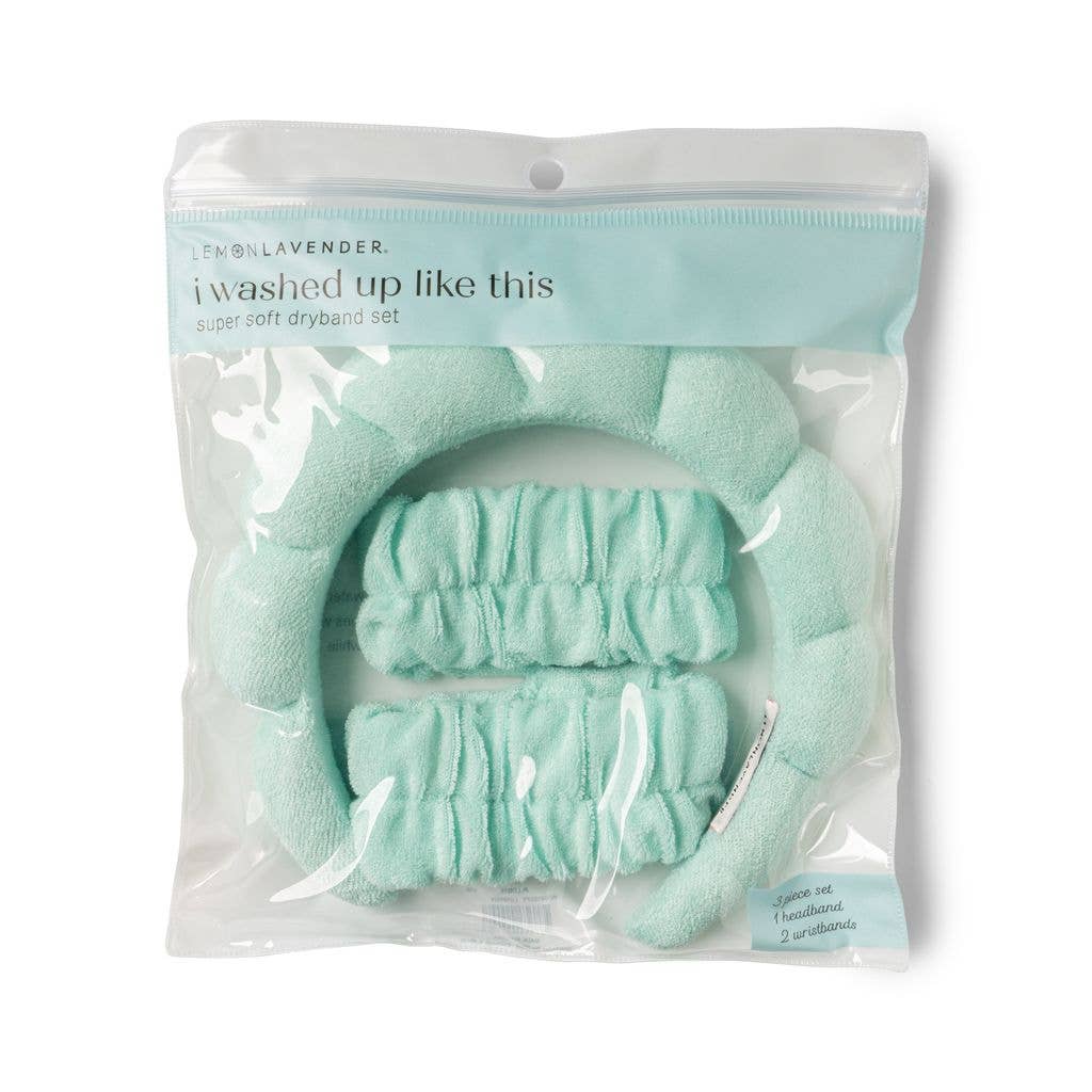 I Washed Up Like This Super Soft Dryband Set includes a light green skincare headband and two matching absorbent terrycloth wristbands for washing your face, packaged in a clear plastic retail bag.