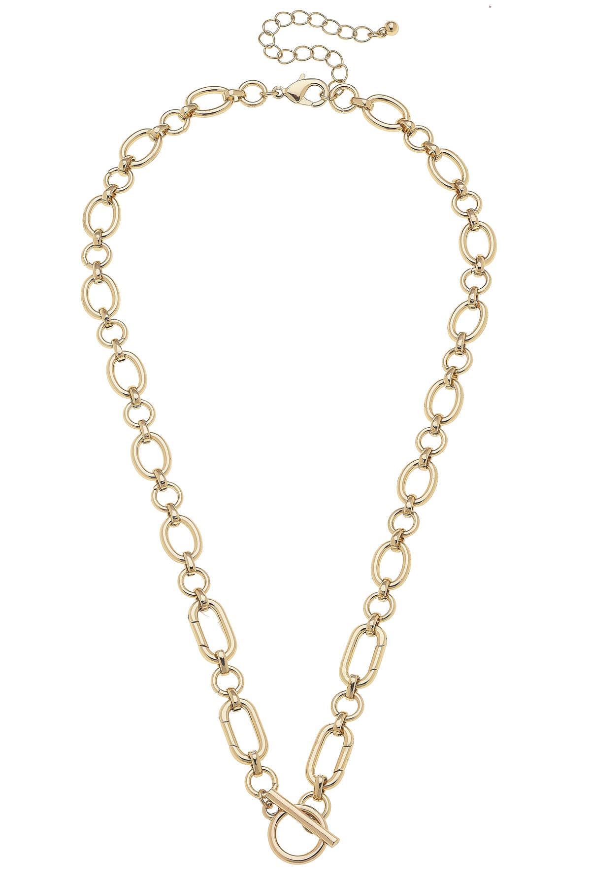 Introducing the Sasha Toggle Front Charm Necklace Base in Shiny Gold by Canvas Style, featuring alternating small and large oval links, a stylish toggle clasp at the bottom, and an adjustable extender chain at the top for a customizable fit.