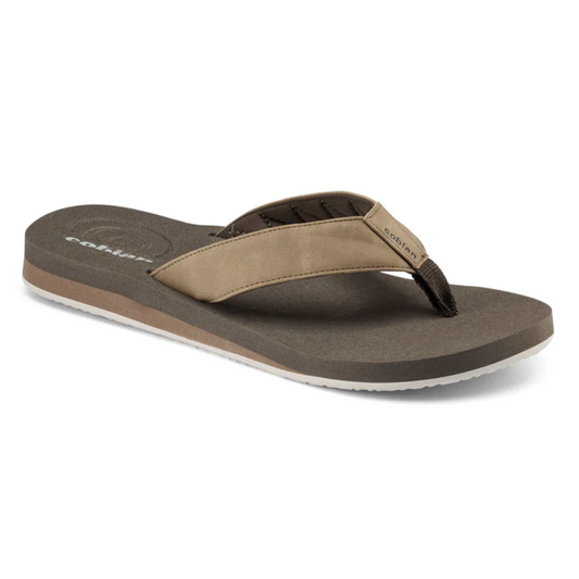 A single brown men's flip-flop with a leather strap and arch support, displayed on a white background. 
Product: Floater in Cement - Mens flip flop by Cobian
Brand: COBIAN