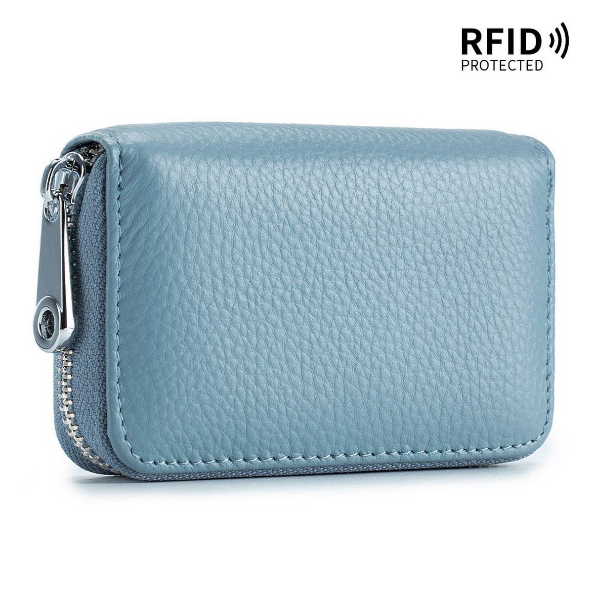 The ACCITY CARD WALLET Anti-Theft Wallet in blue textured leather features RFID protection for secure, stylish organization, shown closed against a white background.