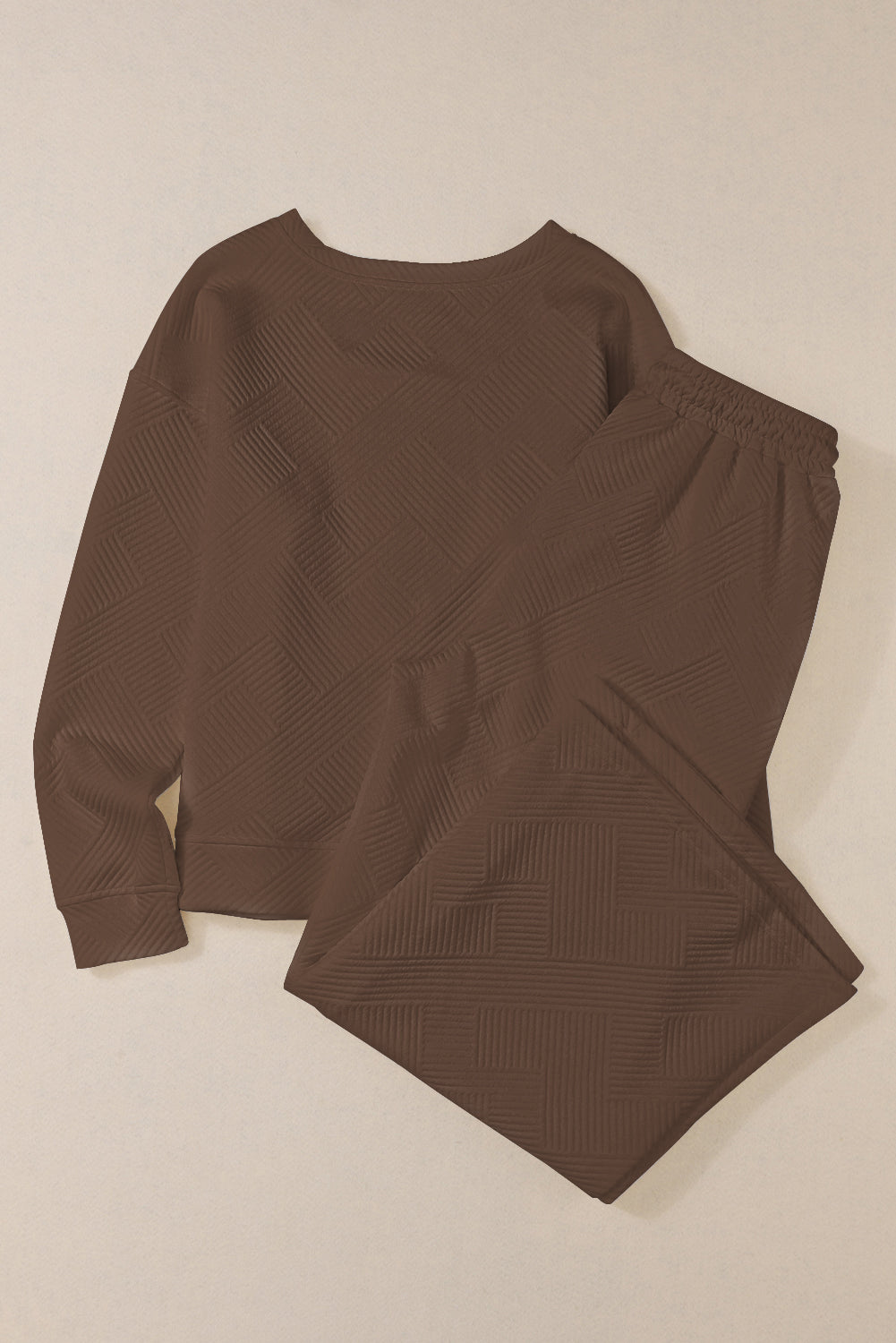 Dark Brown Textured Loose Slouchy Long Sleeve Top and Pants Set