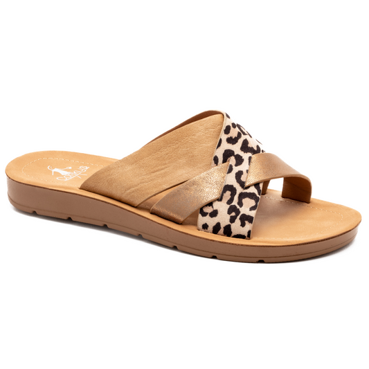 A women's Chic Slide Sandals in Leopard by CORKY'S FOOTWEAR with tan leather details.