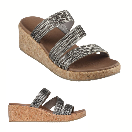 Two angles of a pair of SKECHERS USA INC women's strappy wedge sandals with cork soles, featuring the Arch Fit Beverlee Wedge in Pewter for enhanced comfort.