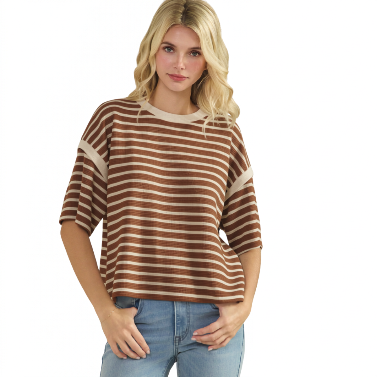 Cloudy Knit Short Sleeve Top with brown and cream stripes, round neckline, dropped shoulders, and contrast shoulder trim Main image