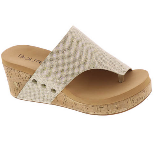 Beige Flirty Wedges in Gold Shimmer Sandals by CORKY'S FOOTWEAR INC against a white background.