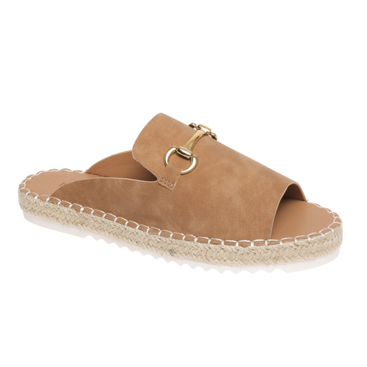 A single Cordell in New Tan espadrille mule with a buckle detail on a white background by OLEM SHOE CORP.