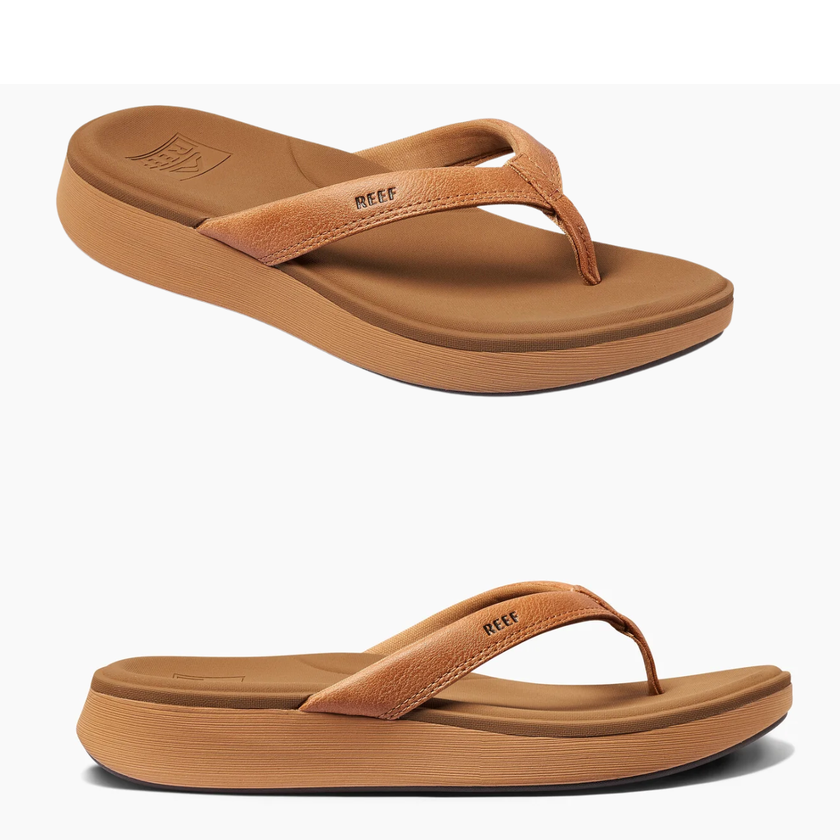 A pair of premium REEF Cushion Cloud Platform Flip Flops in Natural designed for cushion comfort.