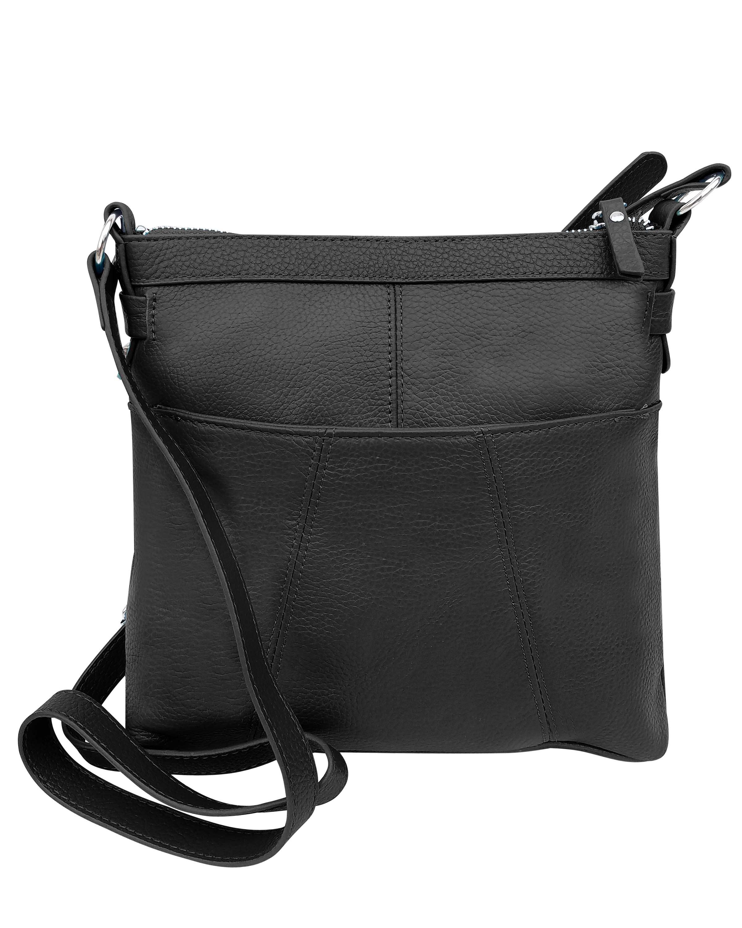The Roma Leathers, Inc. 3018 Crossbody shoulder bag features black cowhide leather, a front organizer pocket, zipper closure, spacious main compartment, and adjustable shoulder strap.