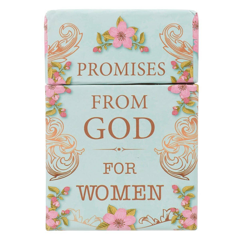 The Box of Blessings Promises for Women by Christian Art Gifts is a decorative keepsake featuring floral designs and gold lettering on a light blue background, perfect for storing inspiring Bible verse cards.