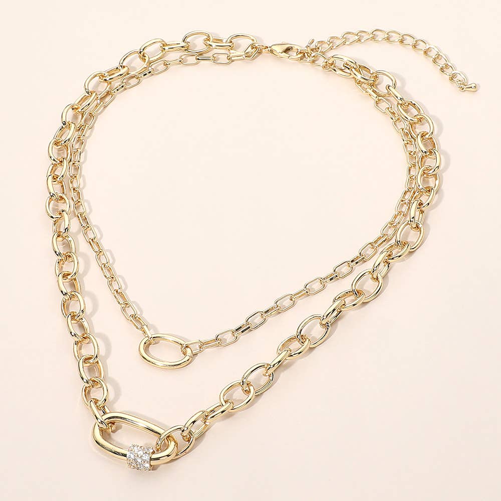 Introducing the Sensibling Corp. CZ Pave Carabiner Pendant Accent Chunky Layered Chain Necklace—featuring bold oversized links, a section of sparkling cubic zirconia pave, and an adjustable clasp on a neutral background. This statement piece elevates any look with modern elegance.
