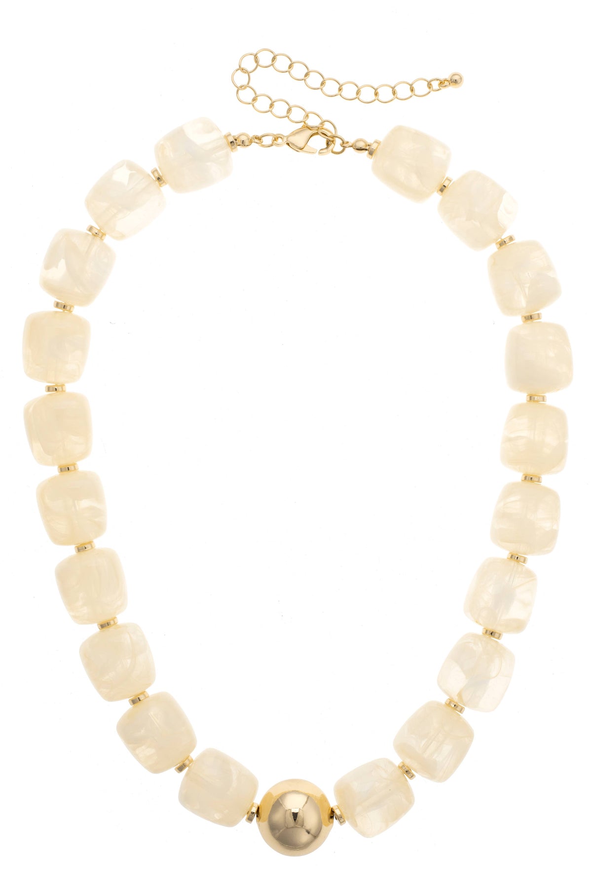 Palermo Resin Beaded Necklace featuring cream-colored square beads, a single gold-tone spherical center bead, and a gold-tone lobster clasp closure.