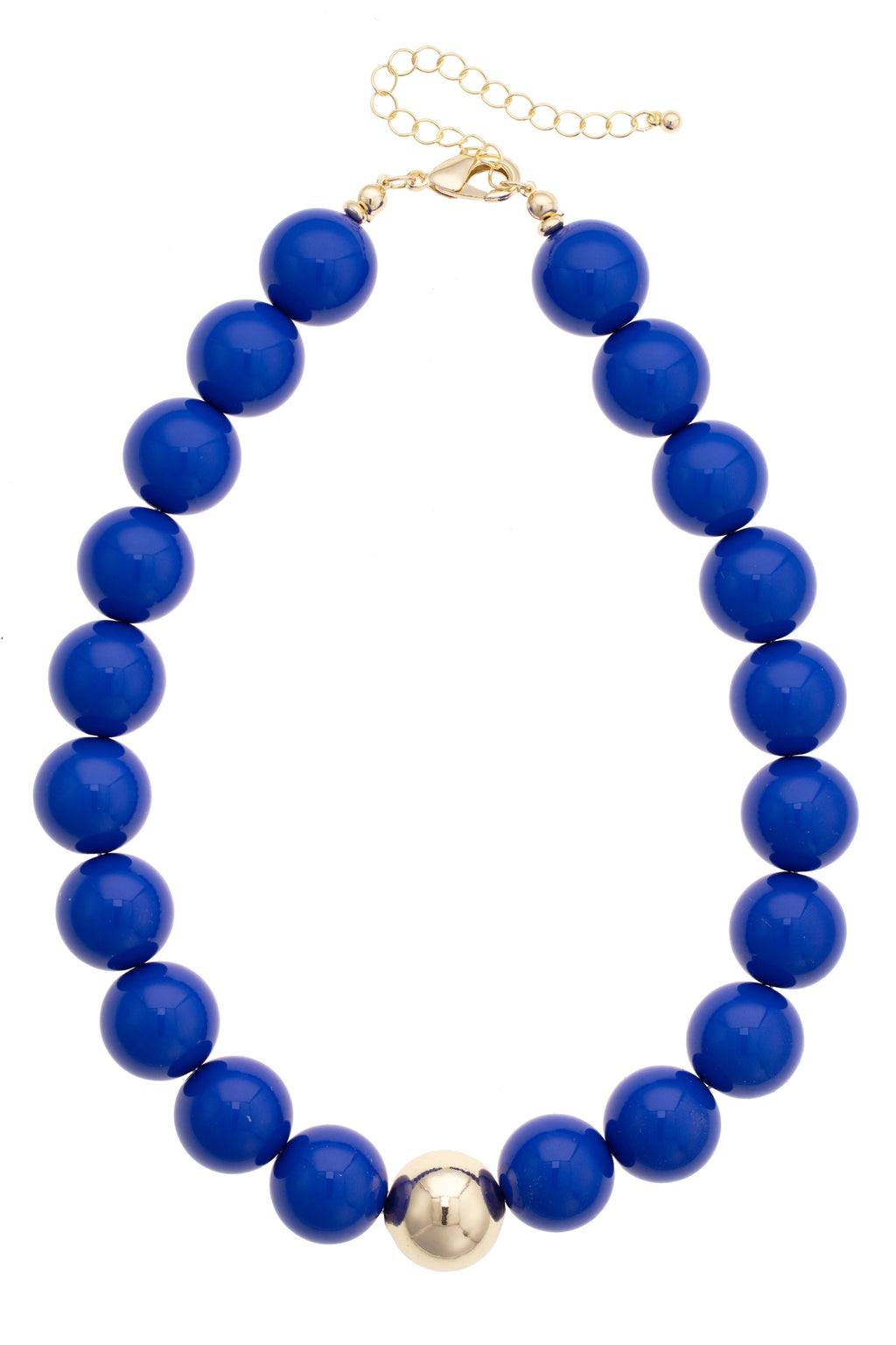 The Marjorie Game Day Beaded Necklace by Canvas Style features oversized glossy blue beads accented with a single gold bead at the center, finished with a gold clasp and adjustable chain—an unforgettable statement piece perfect for any occasion.
