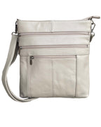 Roma Leathers, Inc. Cowhide leather crossbody bag with adjustable strap features light gray leather, two front zippered pockets, and is displayed against a white background.