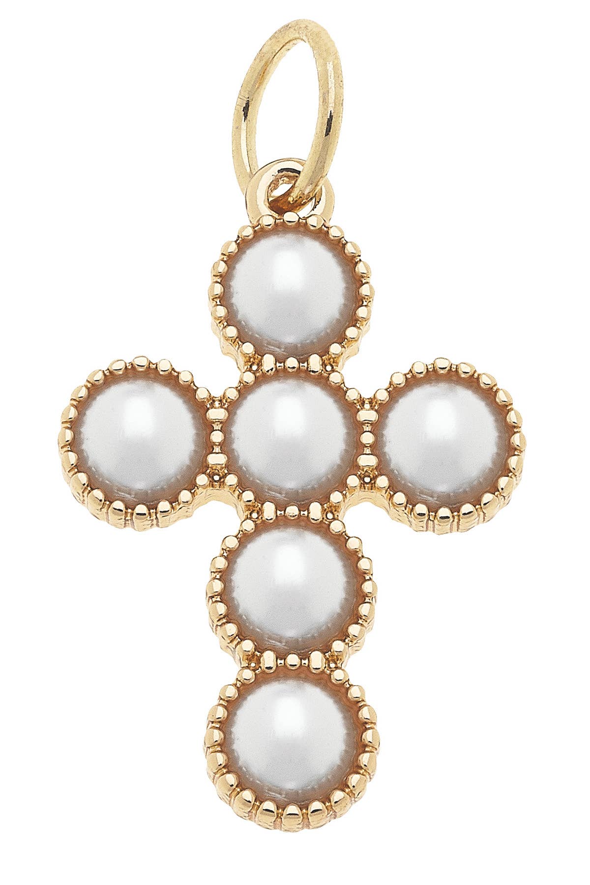 Crafted by Canvas Style, the Pearl Cross Charm in Shiny Gold showcases five round white pearls bordered by delicate gold beads, all elegantly plated in 18K gold—making it a radiant accessory for any occasion.