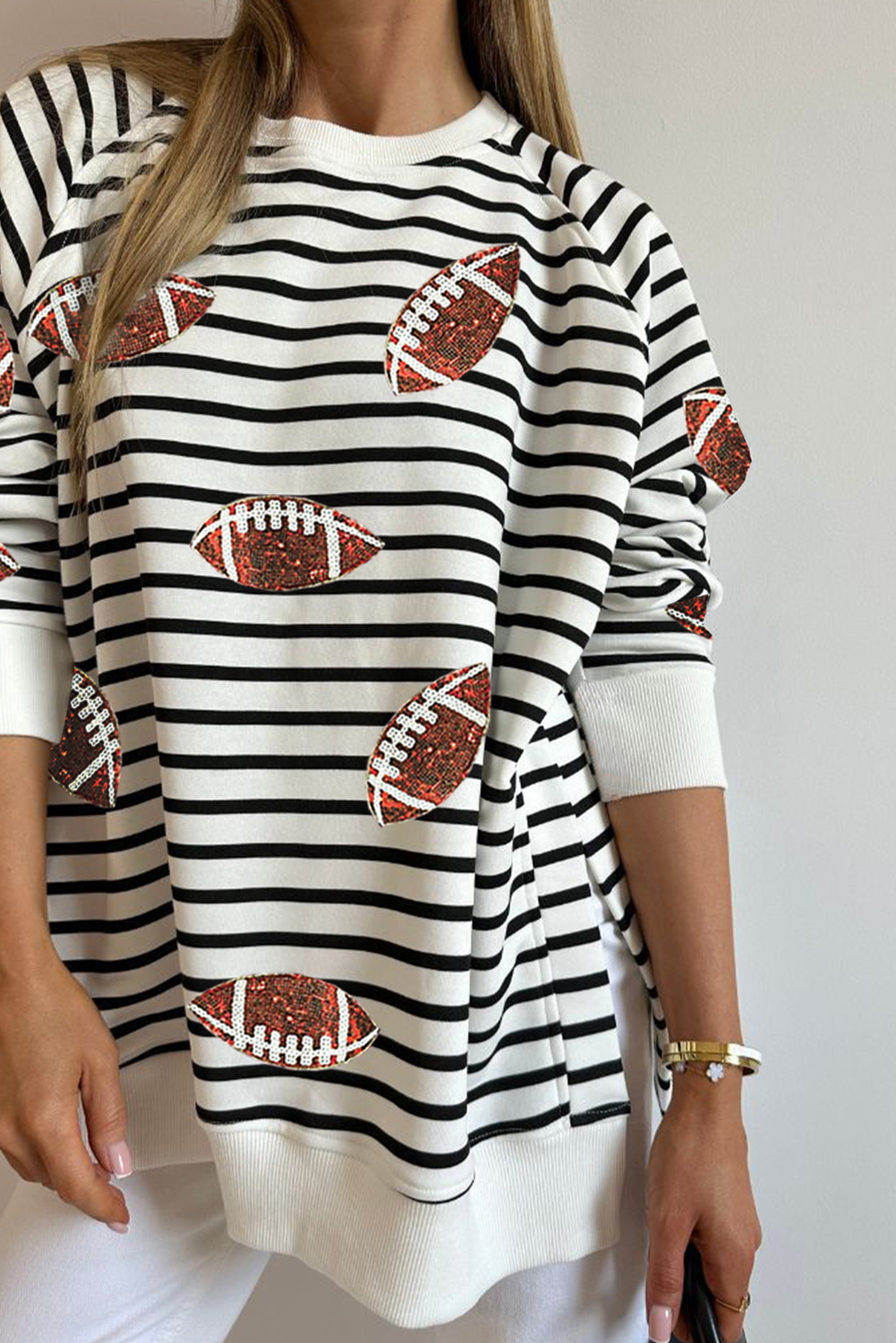 Black Stripe Sequin Football Side Slits Oversized Sweatshirt