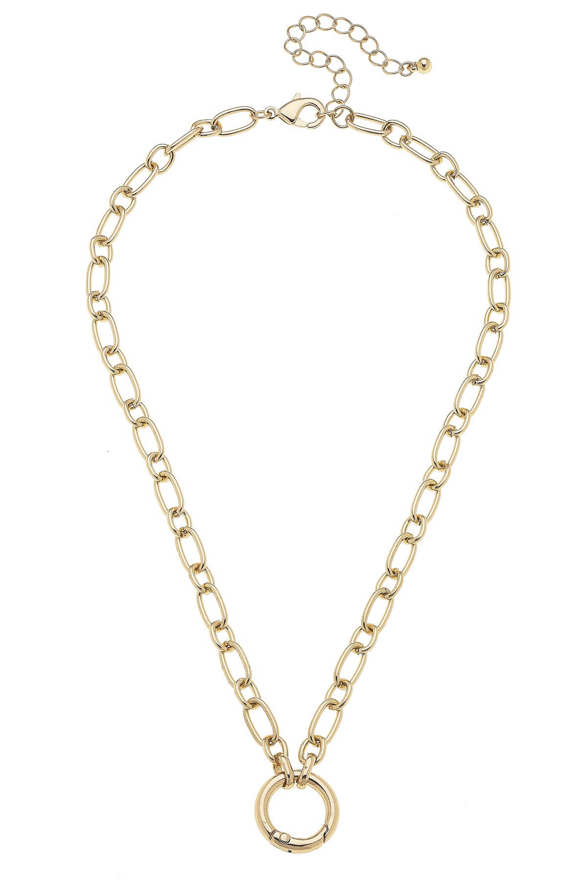 The Sasha Charm Necklace Base in Shiny Gold from Canvas Style features oval links with a large central circular pendant, and includes an adjustable clasp and extension chain.