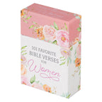 A beautifully designed Box of Blessings Favorite Bible Verses for Women from Christian Art Gifts, featuring elegant pink and black lettering on a white and pink floral-patterned background—an inspiring choice among Christian gifts.