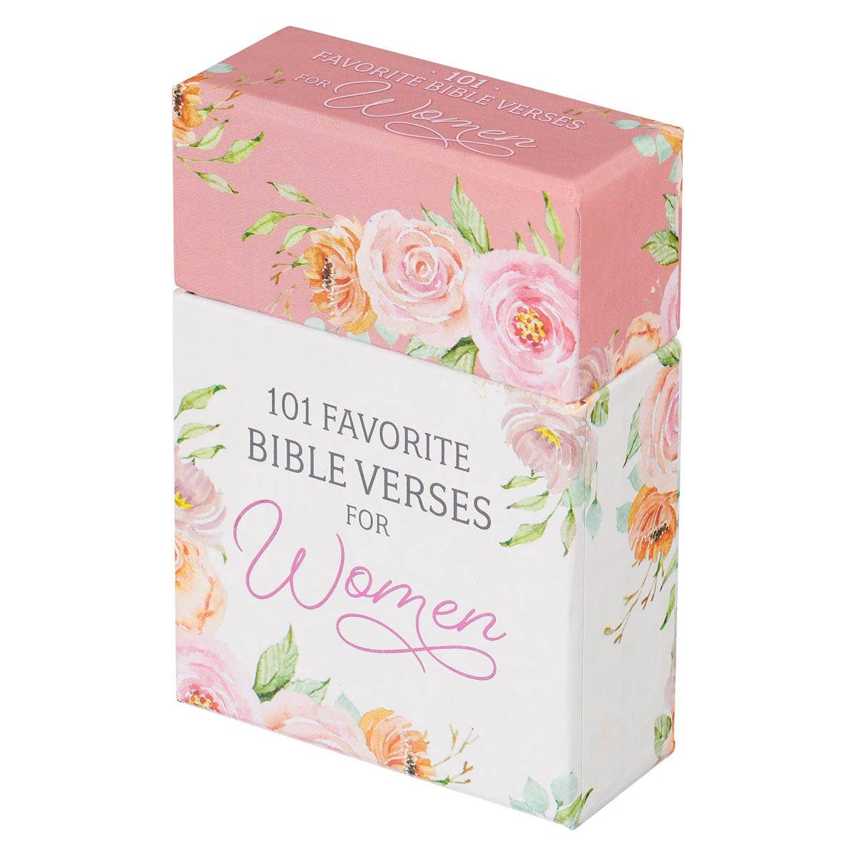 A beautifully designed Box of Blessings Favorite Bible Verses for Women from Christian Art Gifts, featuring elegant pink and black lettering on a white and pink floral-patterned background—an inspiring choice among Christian gifts.