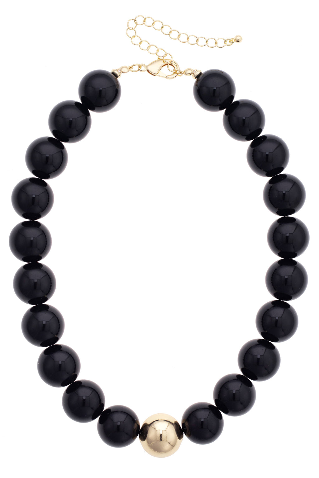 Introducing the Marjorie Game Day Beaded Necklace by Canvas Style—this statement piece features oversized black beads accented with a single gold bead at the center and is finished with an adjustable gold chain clasp. Perfect for adding bold style to any outfit!.