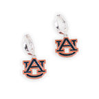 Showcase your team spirit with the Auburn Glitter Enamel Logo Huggie Hoop Earrings by Seasons Jewelry—featuring sparkling navy blue and orange "AU" logo charms on sleek silver huggie hoops, perfect for devoted Auburn fans on game day.