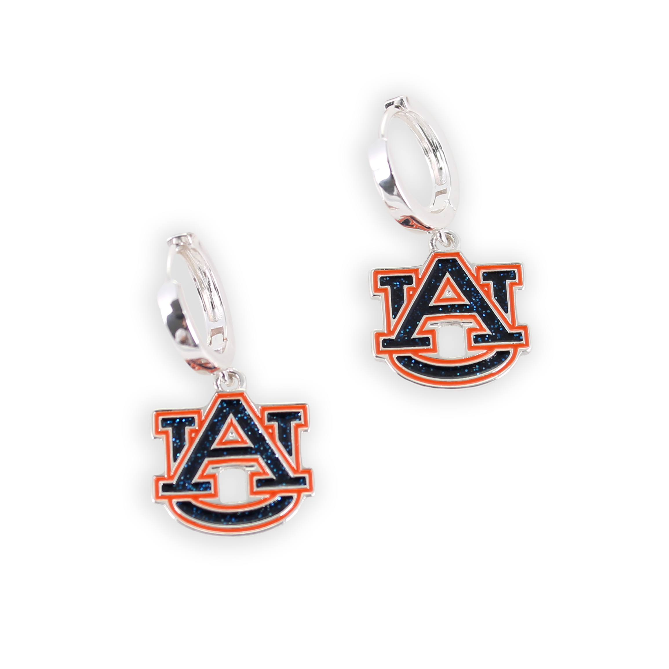 Showcase your team spirit with the Auburn Glitter Enamel Logo Huggie Hoop Earrings by Seasons Jewelry—featuring sparkling navy blue and orange "AU" logo charms on sleek silver huggie hoops, perfect for devoted Auburn fans on game day.