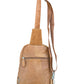 The Roma Leathers, Inc. Cowhide leather sling bag backpack features a tan finish, zippered front pocket, adjustable shoulder strap, and metal hardware, showcased against a white background.