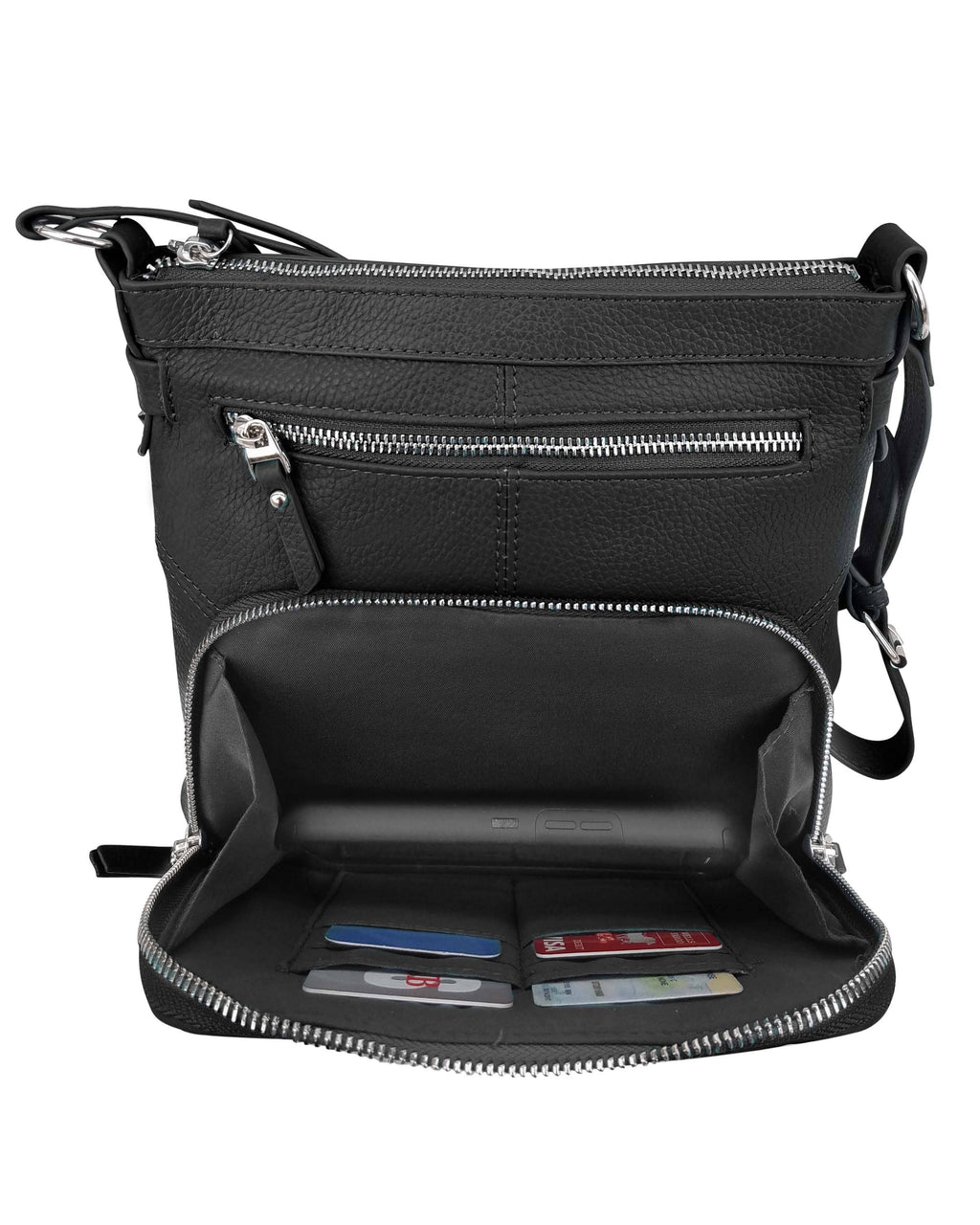 The Roma Leathers, Inc. 3018 Crossbody shoulder bag with organizer front is made of black cowhide leather, has adjustable straps, a zippered front pocket, and an open compartment with card slots and organized cards inside.