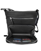 The Roma Leathers, Inc. 3018 Crossbody shoulder bag with organizer front is made of black cowhide leather, has adjustable straps, a zippered front pocket, and an open compartment with card slots and organized cards inside.