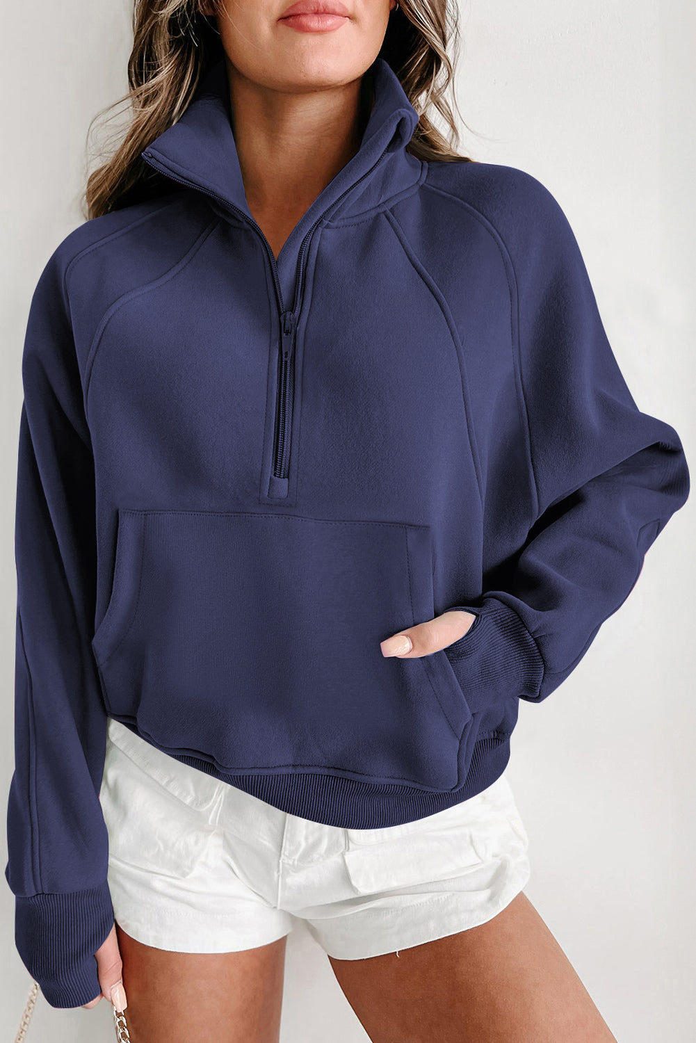 Zip Up Stand Collar Ribbed Thumbhole Sleeve Sweatshirt - 12 colors to choose from