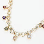Sensibling Corp.’s 14K Gold Plated Colorful Round CZ Charm Station Chunky Chain Necklace features chunky circular links adorned with small, multicolored round cubic zirconia charms evenly spaced along the bottom. Displayed on a white background, this elegant necklace brings a vibrant yet sophisticated accent to any ensemble.