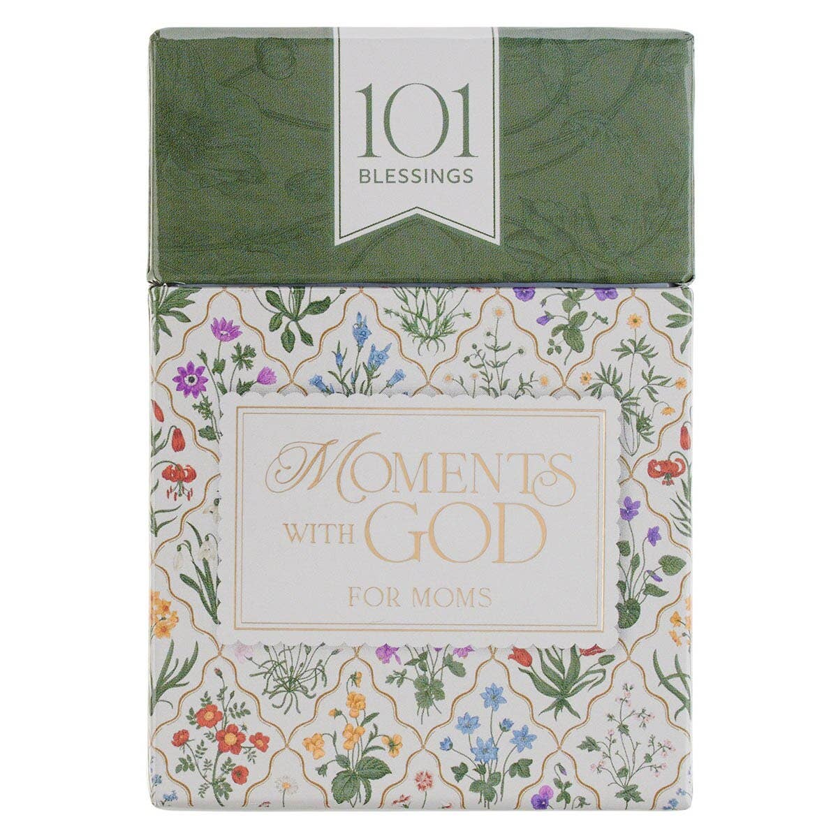 A box labeled “Box of Blessings Moments With God For Moms - BX” by Christian Art Gifts, from the Wildflower For Mom Collection, featuring a delicate floral design and green top—perfect for gifting parenting wisdom cards.