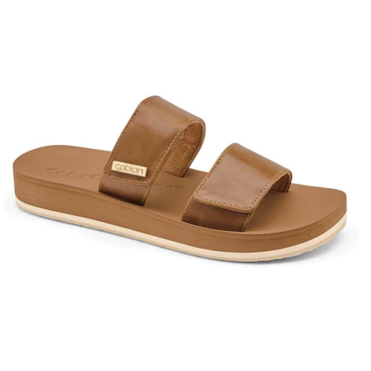 A single tan COBIAN Dana Rise Slide Sandal with adjustable straps isolated on a white background.