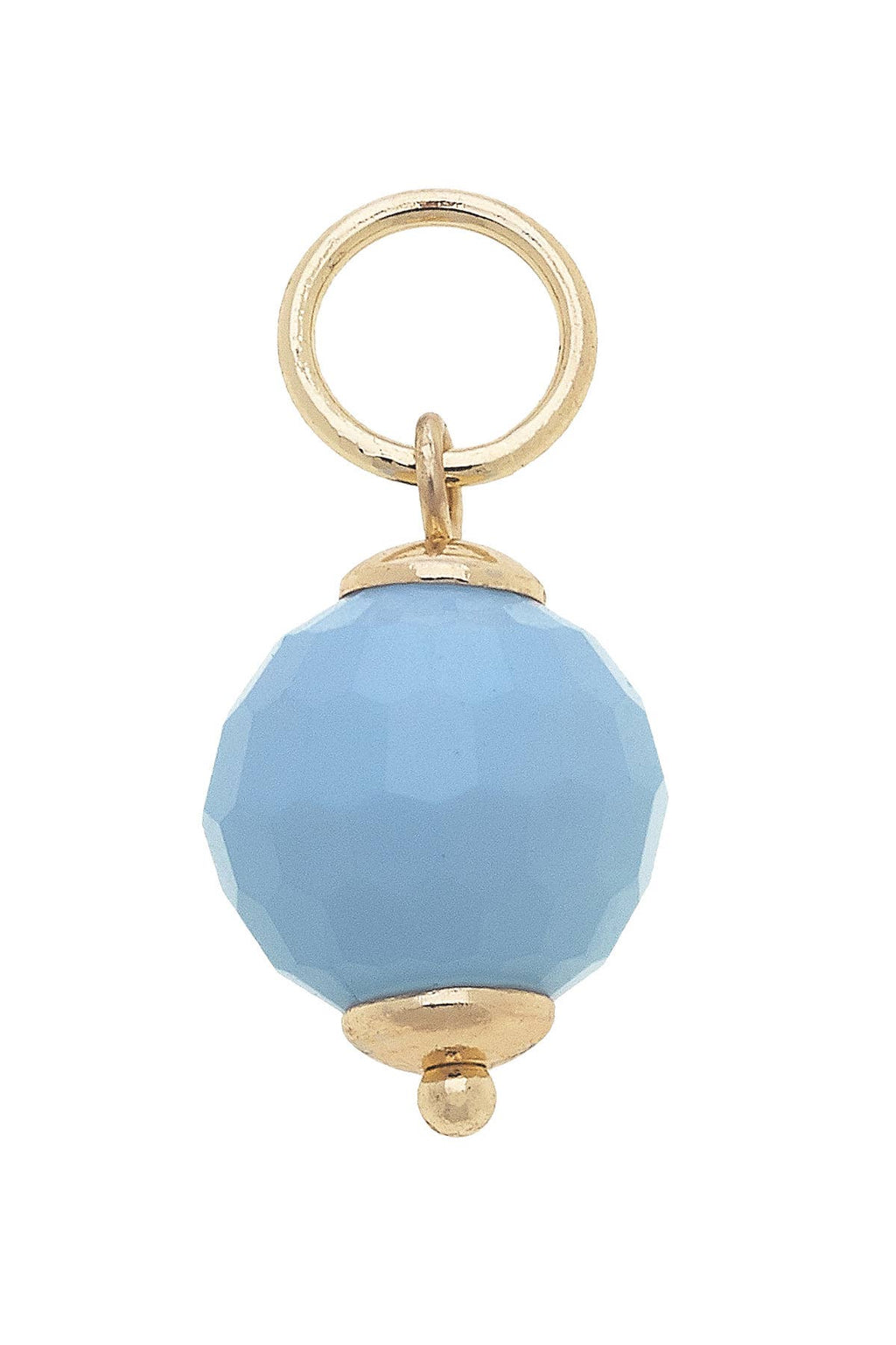 Canvas Style Resin Bead Charm featuring a faceted round blue resin bead with gold caps and loop, perfect for adding to a charm necklace or bracelet.