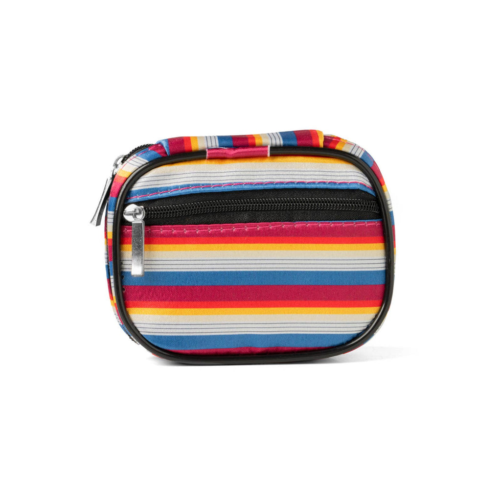 Wellness Keeper Zippered Pill & Vitamin Case: a small, rectangular 7-day pill organizer featuring a multi-colored horizontal stripe pattern and a front zippered pocket.