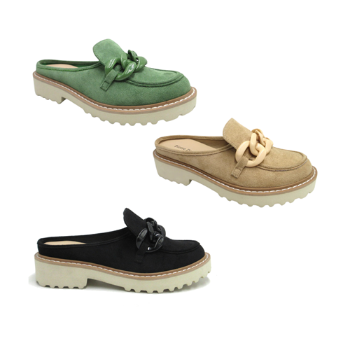 Three Mora-5 Suede Loafers by Pierre Dumas from OLEM SHOE CORP—with chunky lug soles, decorative chains, and cushioned footbeds—are shown in green, beige, and black against a white background.