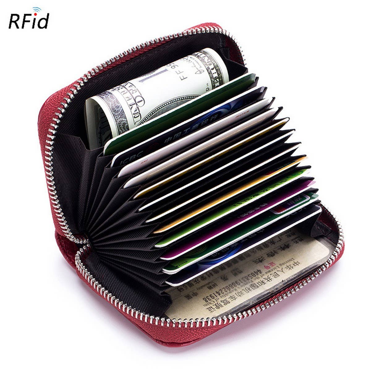 The ACCITY CARD WALLET Anti-Theft Wallet is open, showing neatly organized cards, a rolled U.S. dollar bill, and various paper items inside.