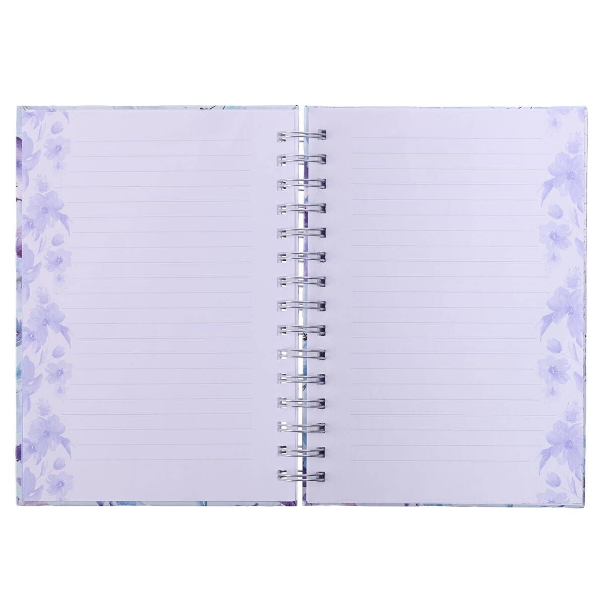 Open spiral-bound notebook with lined pages and a soft floral border, shown from above—a charming "Journal Wirebound It is Well with My Soul" by Christian Art Gifts, perfect for capturing your thoughts.