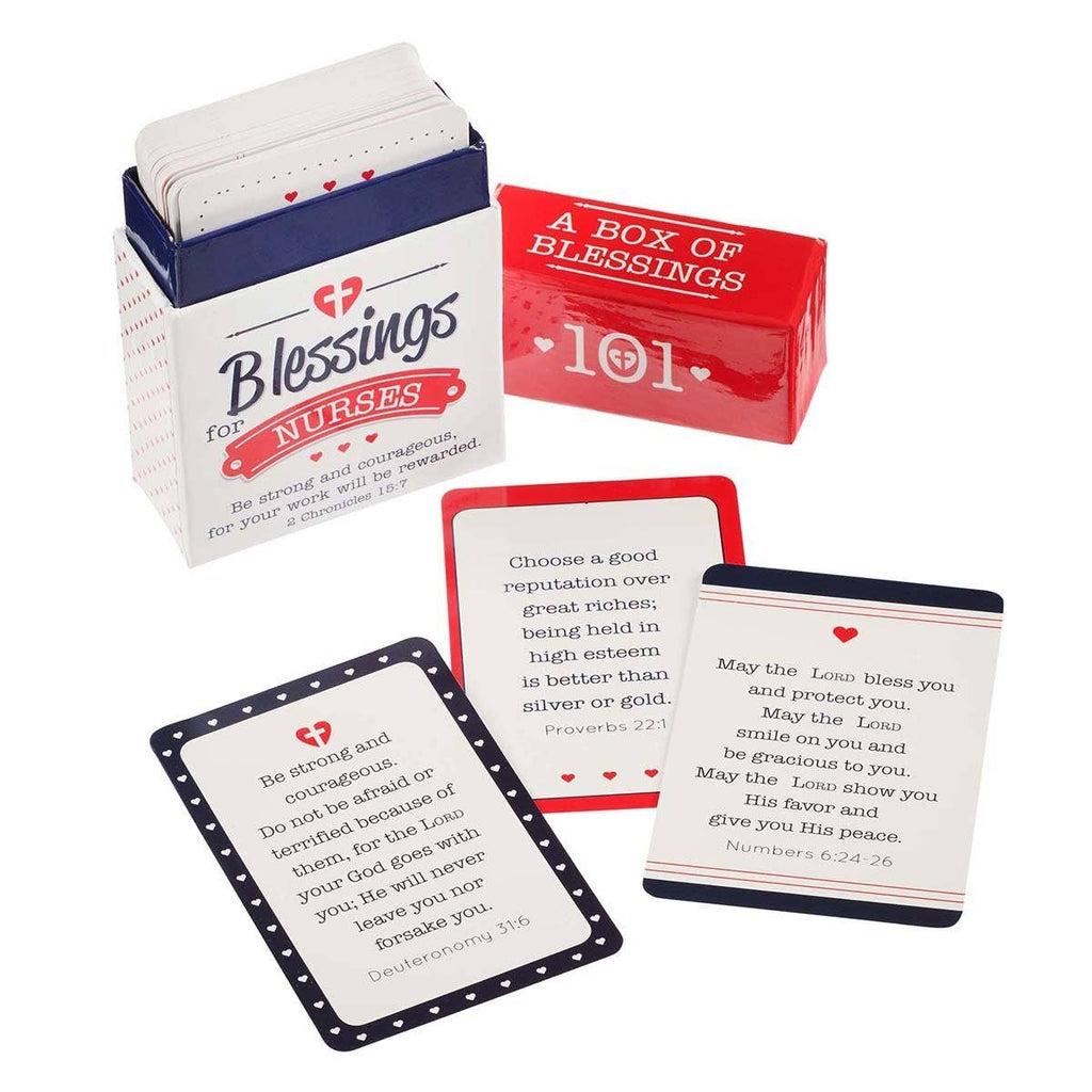 A deck titled "Box of Blessings for Nurses" by Christian Art Gifts is featured, showing three inspiring scripture cards with Bible verses alongside a red box labeled "101 Blessings for Nurses: A Box of Blessings"—the perfect gift to encourage and uplift any nurse.
