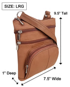 The Roma Leathers, Inc. Cowhide Leather Crossbody with phone pocket on the back features three zippered compartments, an adjustable strap, and is size large at 9.5"H x 7.5"W x 1"D.